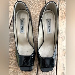 Black patent open toe heels